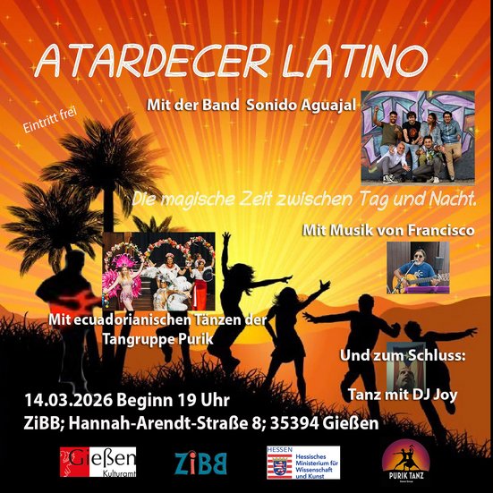 Samstag, 14.03.2026 19:00 Uhr Atardecer Latino Mit Musik von Francisco Pizarro und der Band "Sonido Aguajal". Mit ecuadorianischen T&auml;nzen der Tanzgruppe Purik. Und zum Schluss: Tanz mit DJ Joy Eintritt frei. Spenden sind willkommen.