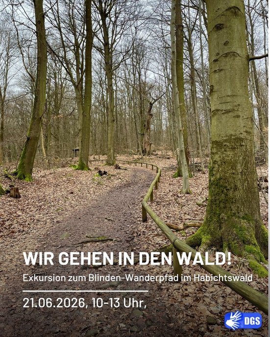 Das Foto zeigt einen Waldweg in herbstlischer Atmosphäre. Unten im Bild finden sich der Veranstaltungstitel und Zeit und Ort. 